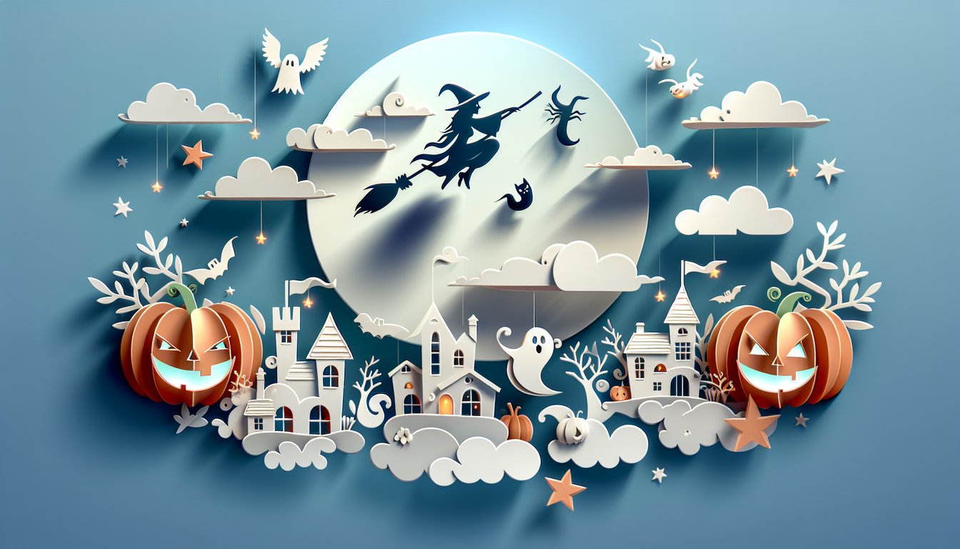 Paper art illustration for Halloweentown trivia quiz featuring Kalabar and Merlins Talisman on sky blue background