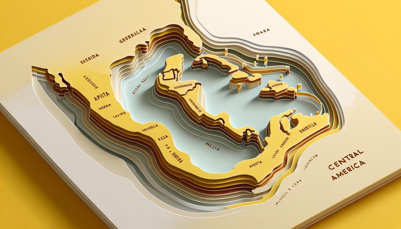 Central America map quiz paper art illustration on a golden yellow background.