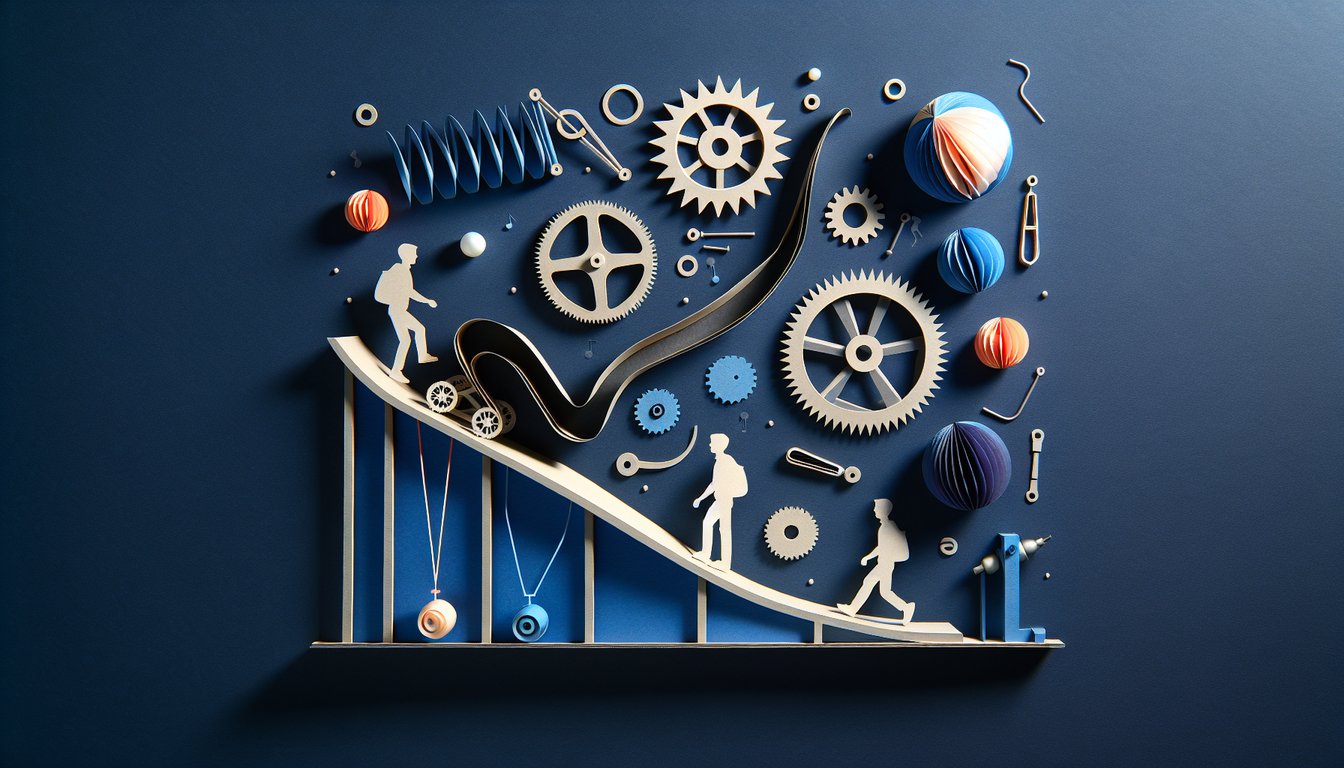Paper art depicting a trivia quiz about motion principles and kinematics for high school students.