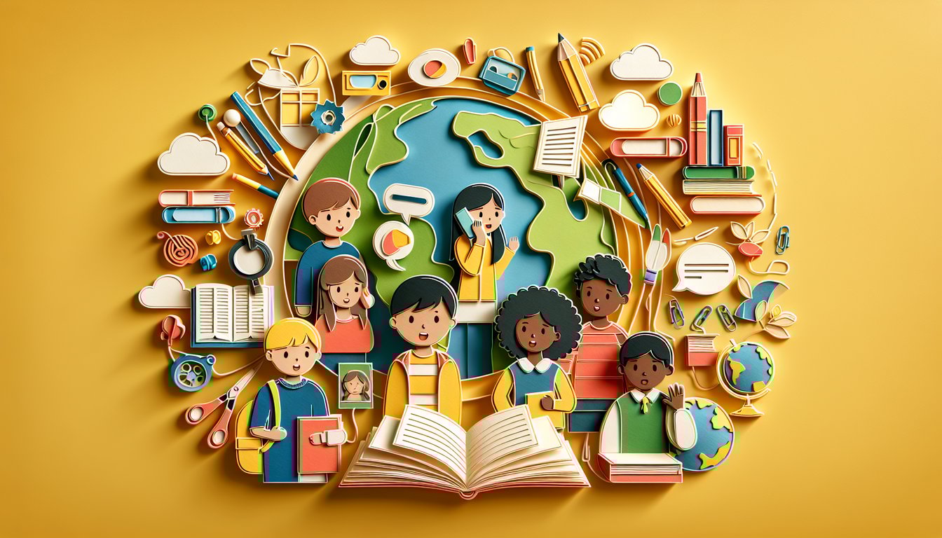 Paper art of books pencils speech bubbles diverse faces on golden yellow backdrop promoting TExES ELA Reading practice quiz