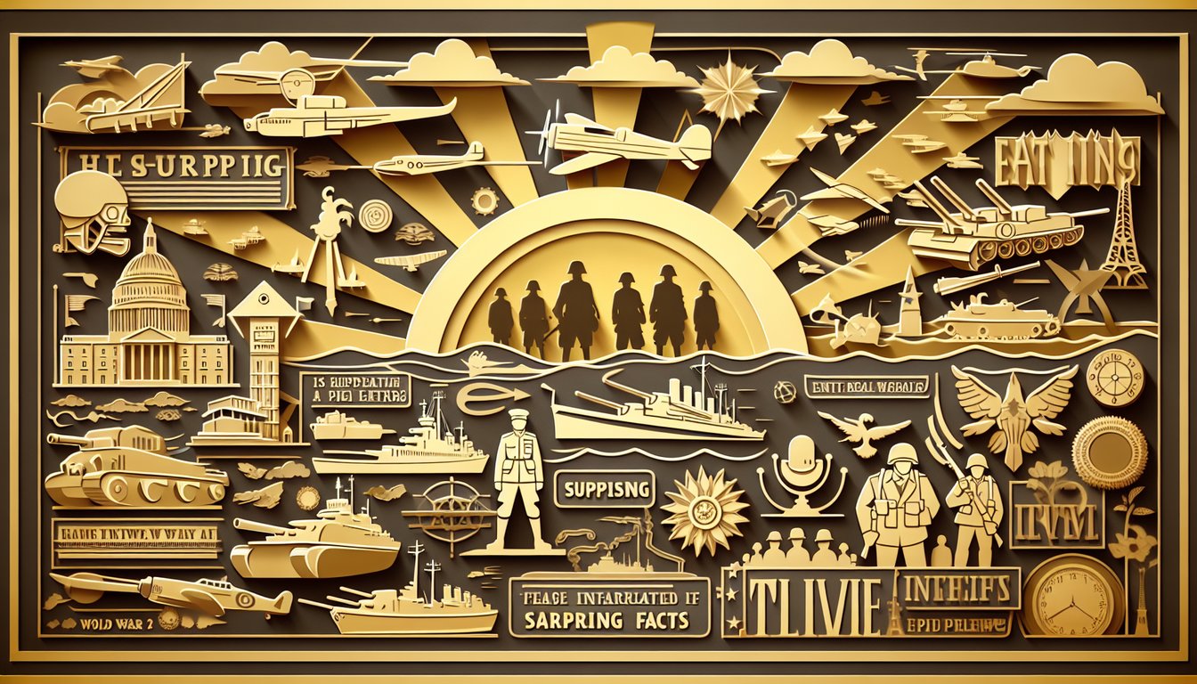 World War 2 themed paper art illustration for a trivia quiz on a golden yellow background