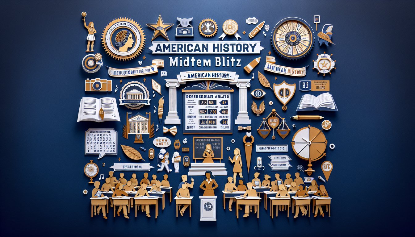 Colorful paper art promoting American History Midterm Blitz trivia for high school students.