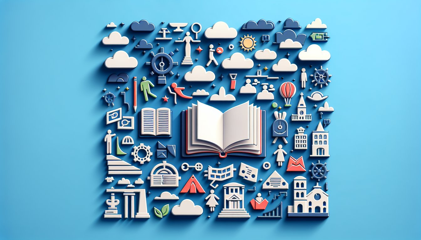 Paper art illustration of open book pencils glasses question mark icons on sky blue background for story elements quiz