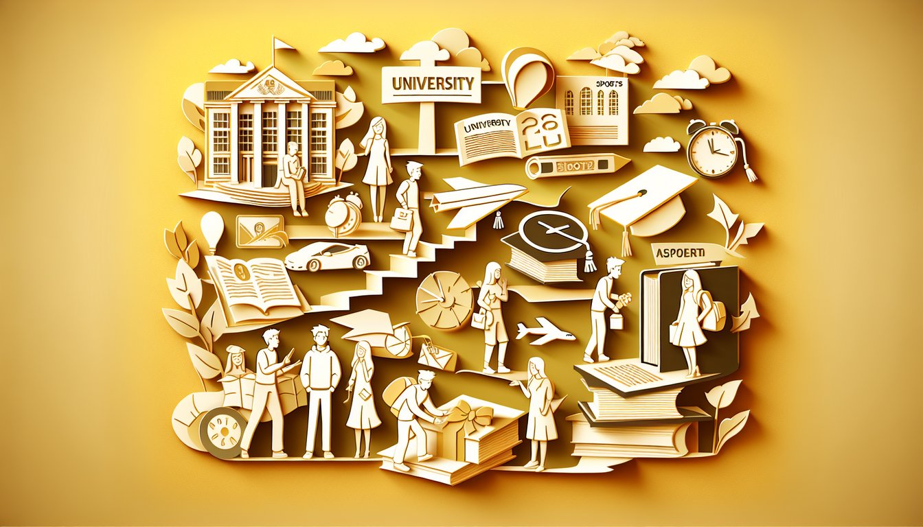 Paper art style icons representing graduation goals career college planning strength discovery on a golden yellow backdrop.