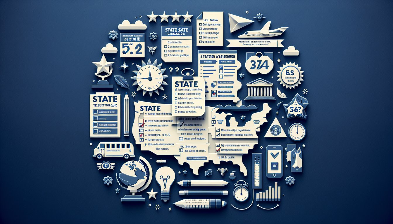Paper art promoting State Smart Challenge, a trivia quiz about US state facts for middle school students.