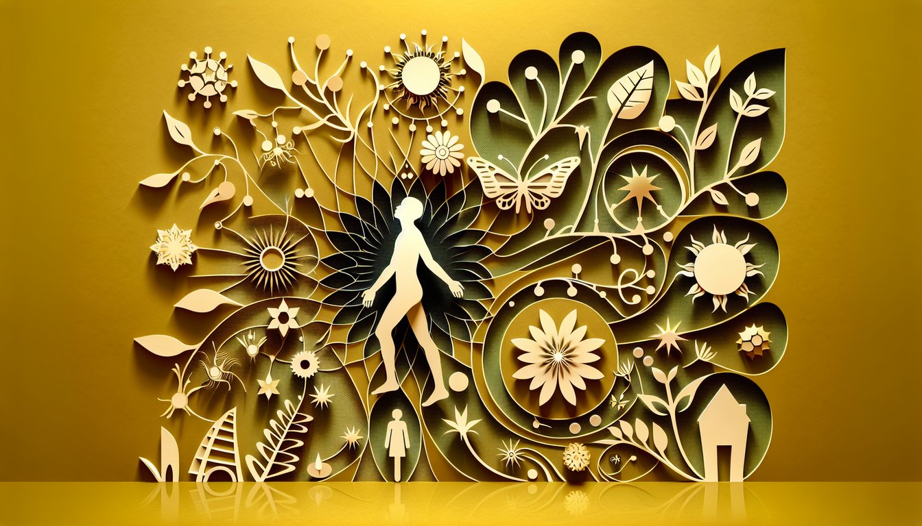 Paper art illustration of stylized youth profiles and icons showing puberty changes on a golden yellow background