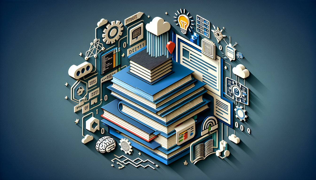 Paper art illustration featuring quiz buzzers, comic panels, code brackets, geek icons on dark blue background.