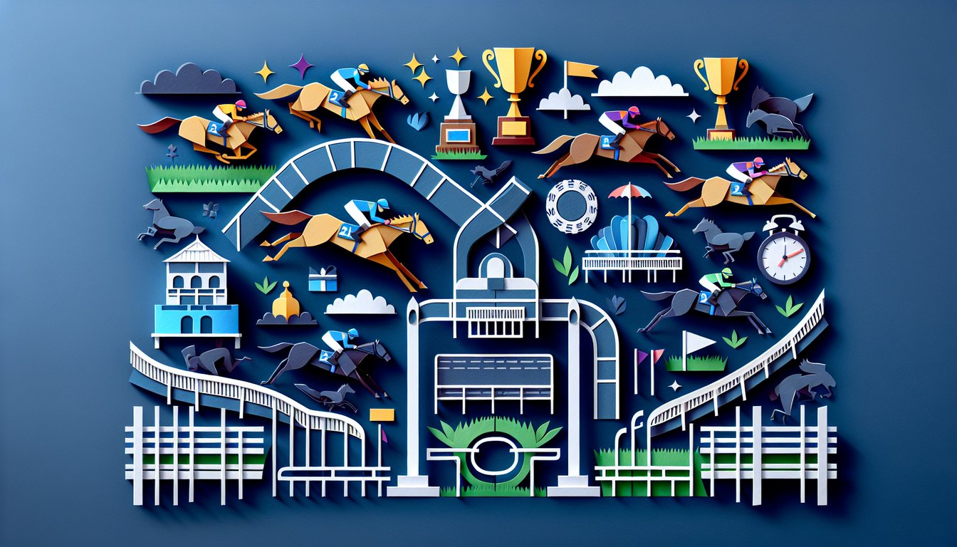 Colorful paper art depicting elements related to Grand National Winners Trivia Quiz
