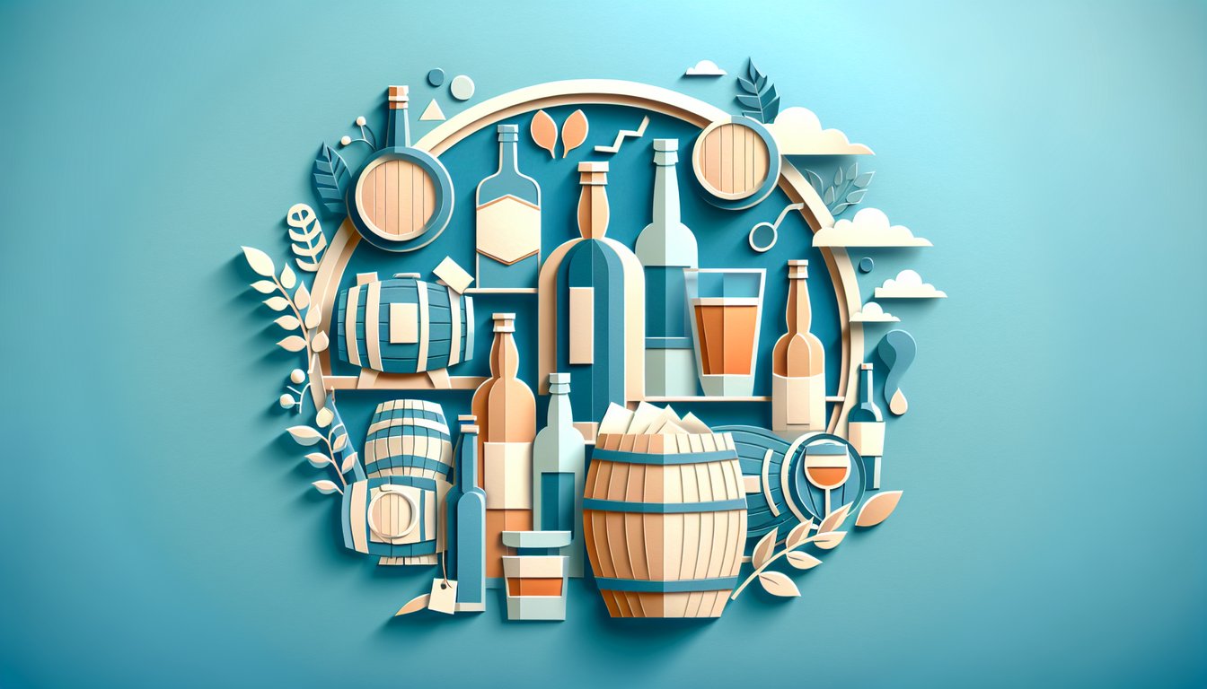 Paper art illustration of bottles barrels and glasses on sky blue background for alcohol trivia quiz