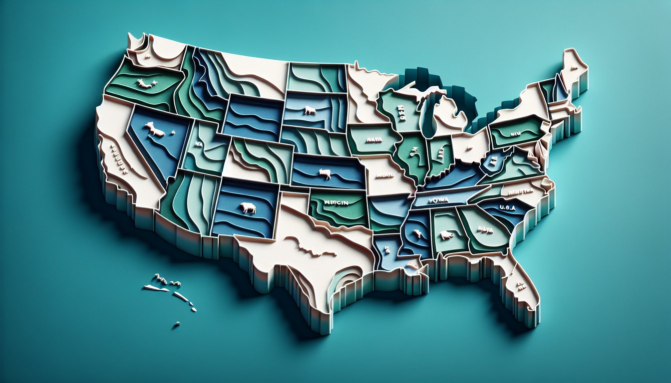 Paper art illustration of blank US map with numbered state outlines on teal background for 50 state quiz.