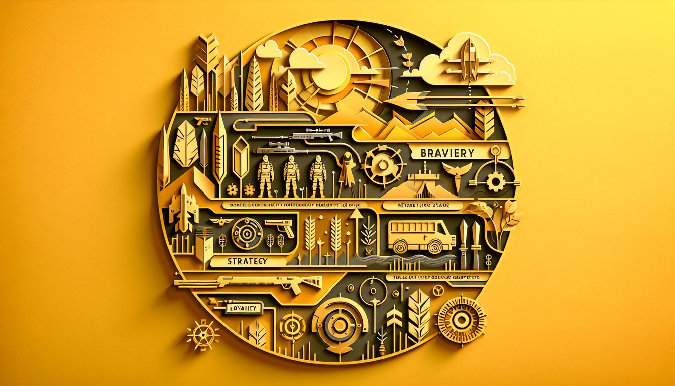 Paper art silhouettes of archer bow arrow spear helmet on golden yellow background for Hunger Games arena character quiz
