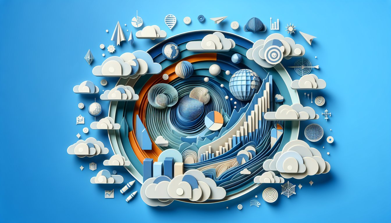 paper art style marketing midterm quiz scene with book pencil charts and graphs on sky blue background