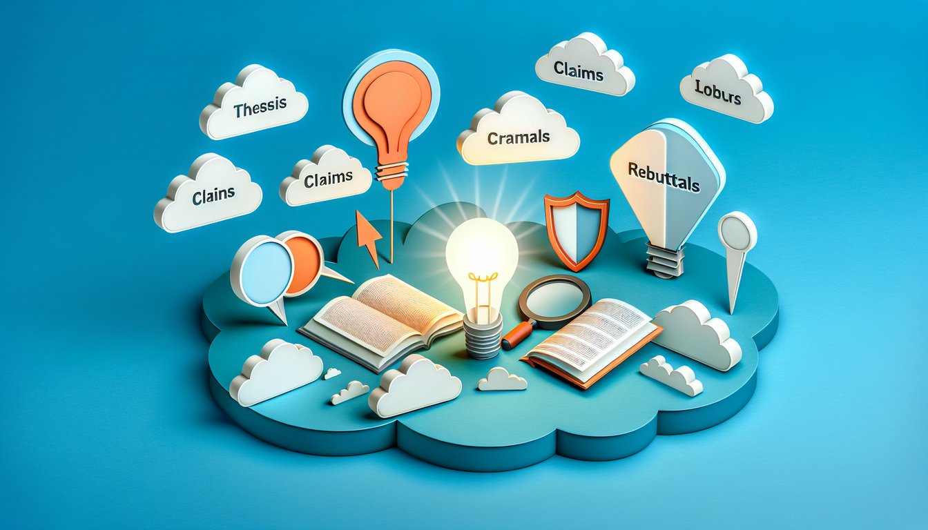 Paper art illustration showing books papers pencil and lightbulbs on sky blue background promoting argumentative essay quiz