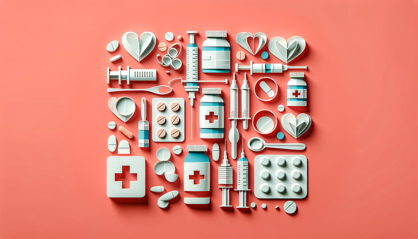 Paper art style quiz scene with stethoscope pills meds dose charts on coral background for ACLS practice exam