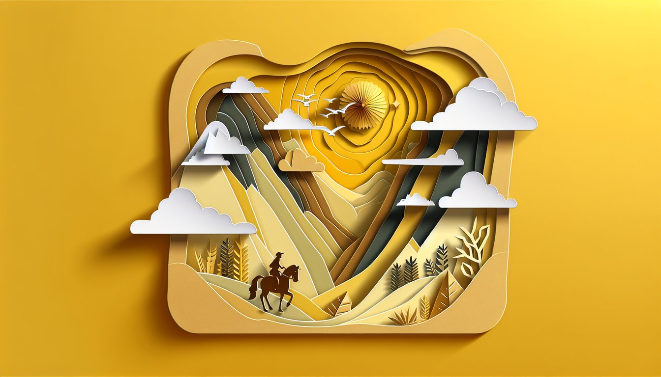 Paper art illustration of Jojo style characters on golden yellow background with Vento Aureo personality quiz title