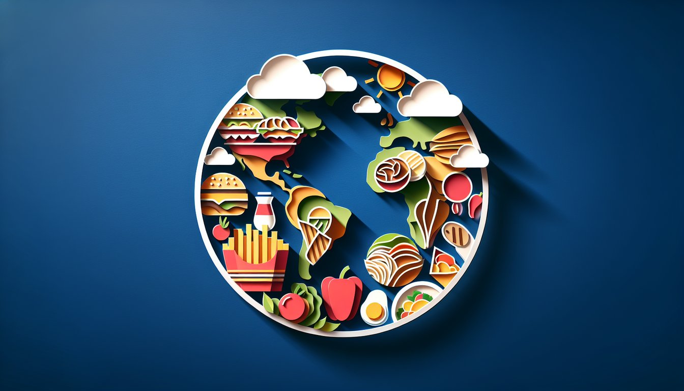 Paper art illustration of iconic global dishes and country flags on dark blue background promoting a food nationality quiz.