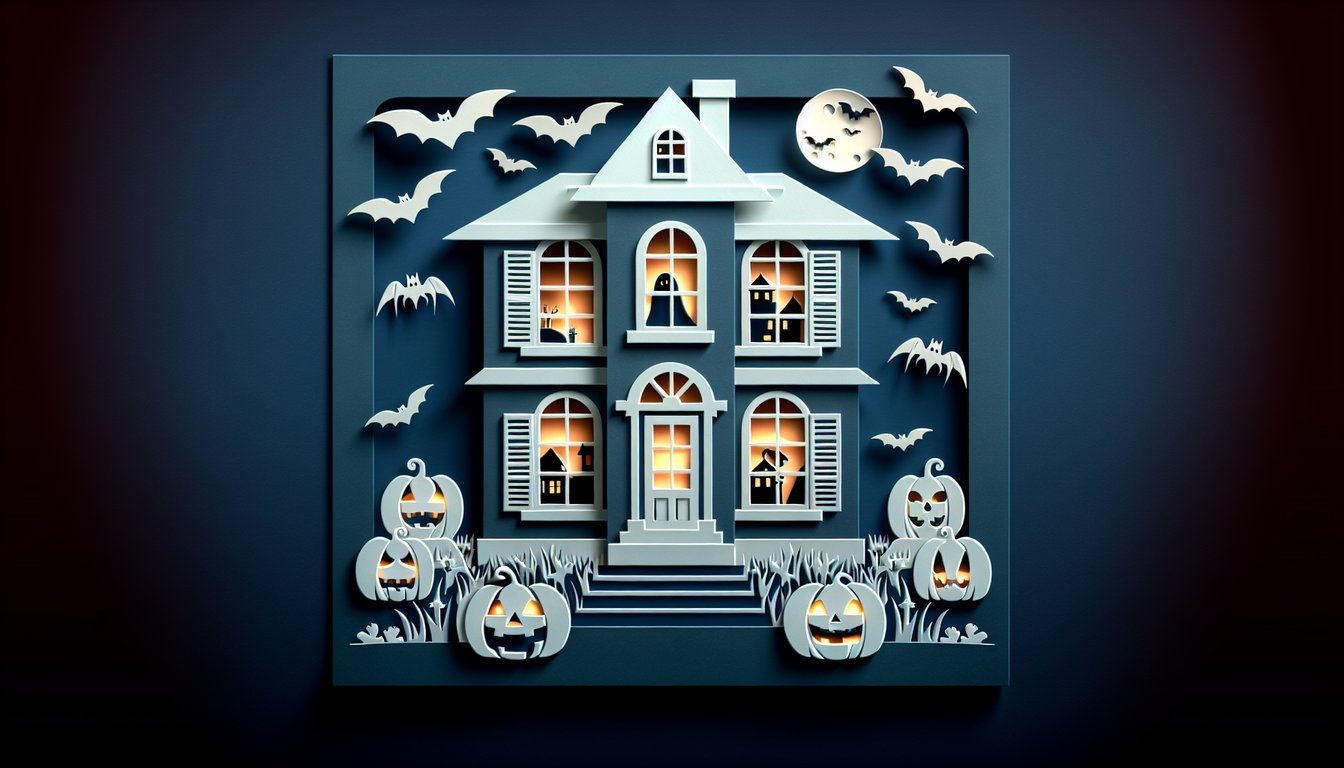 Paper art illustration for a Halloween movie match quiz on a dark blue background