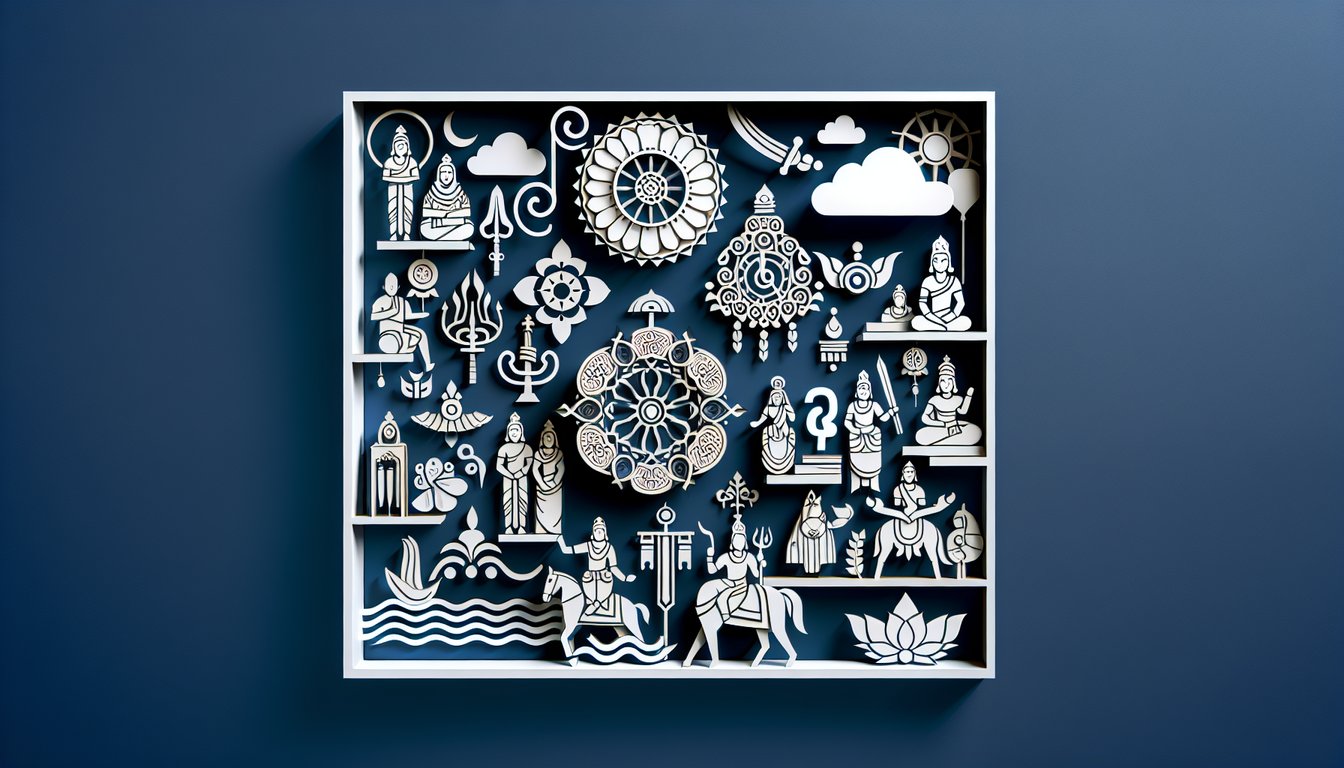 Paper art scene with stylized heroes and deities from Mahabharata and Ramayan on dark blue background for quiz