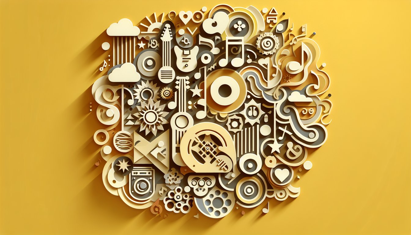 Paper art illustration for personality quiz based on songs that describe you on golden yellow background
