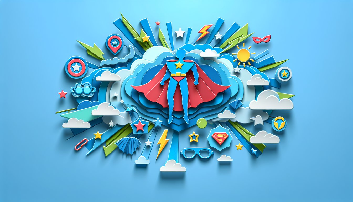 Paper art superhero mask and cape over sky blue background with bold call to take quiz and reveal your hero persona