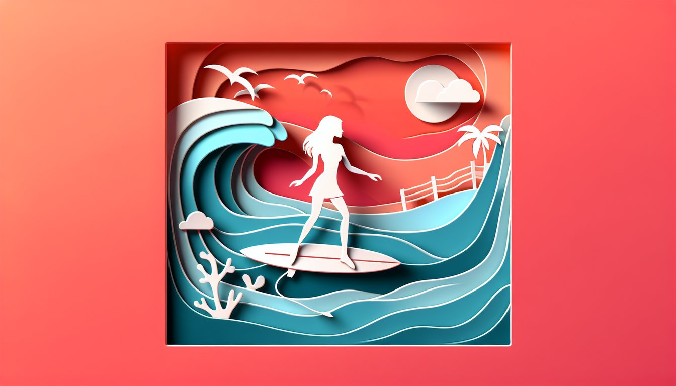 Paper art illustration of a surfer girl riding a wave with sun, palm trees and surfboard on coral background.