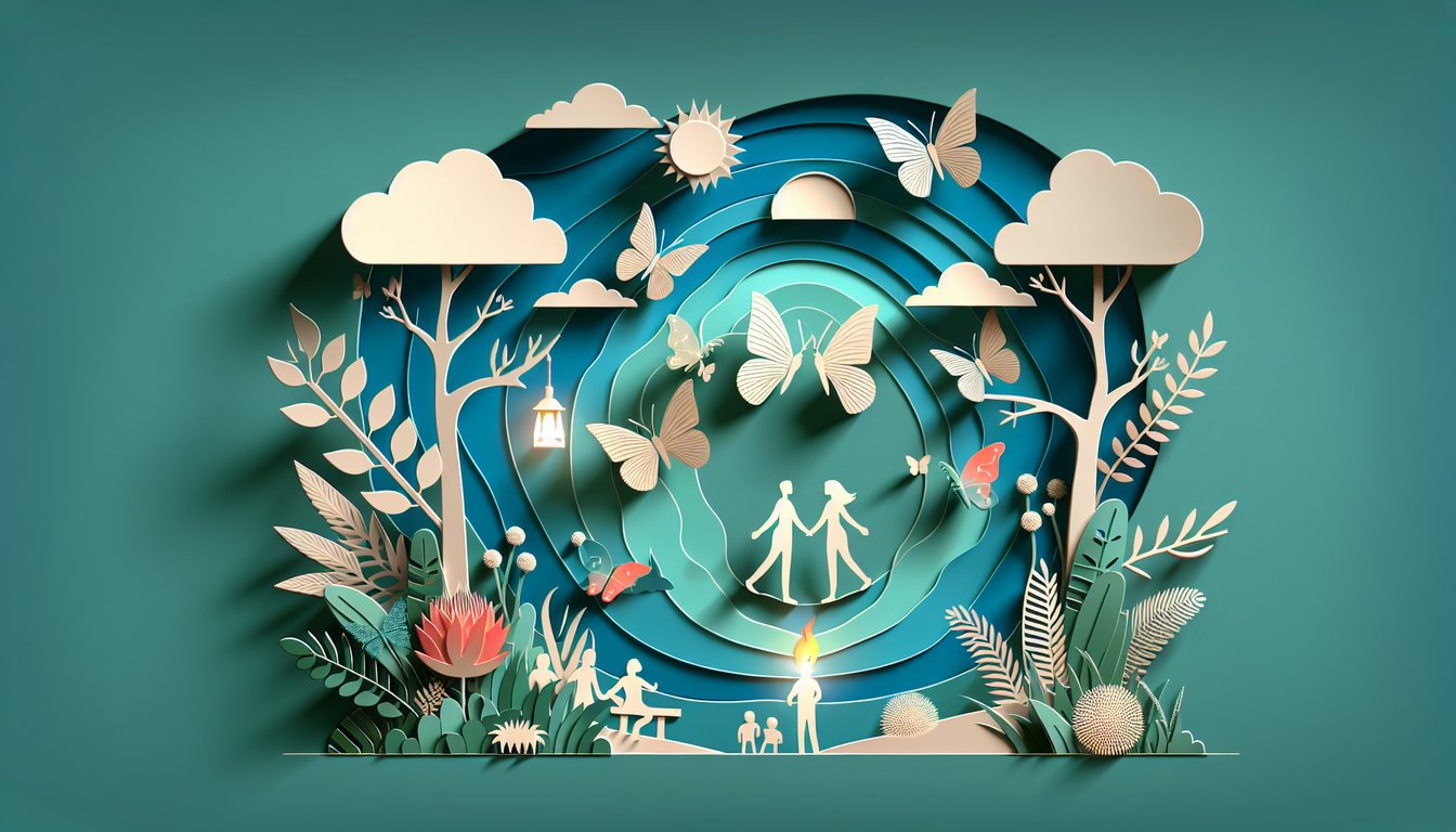 Paper cut butterfly and firefly icons symbolizing friendship styles on teal background