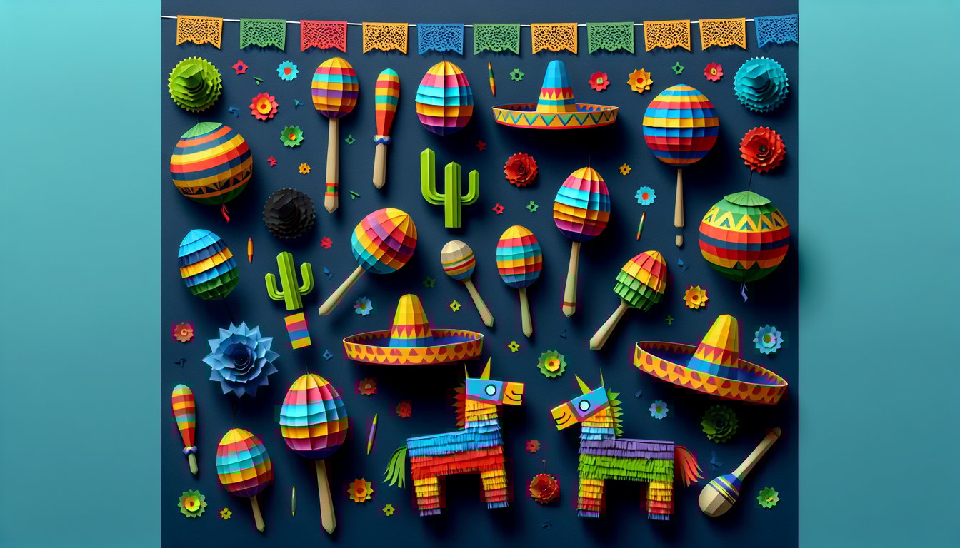 Colorful paper art decorations and quiz title for Cinco de Mayo trivia game.