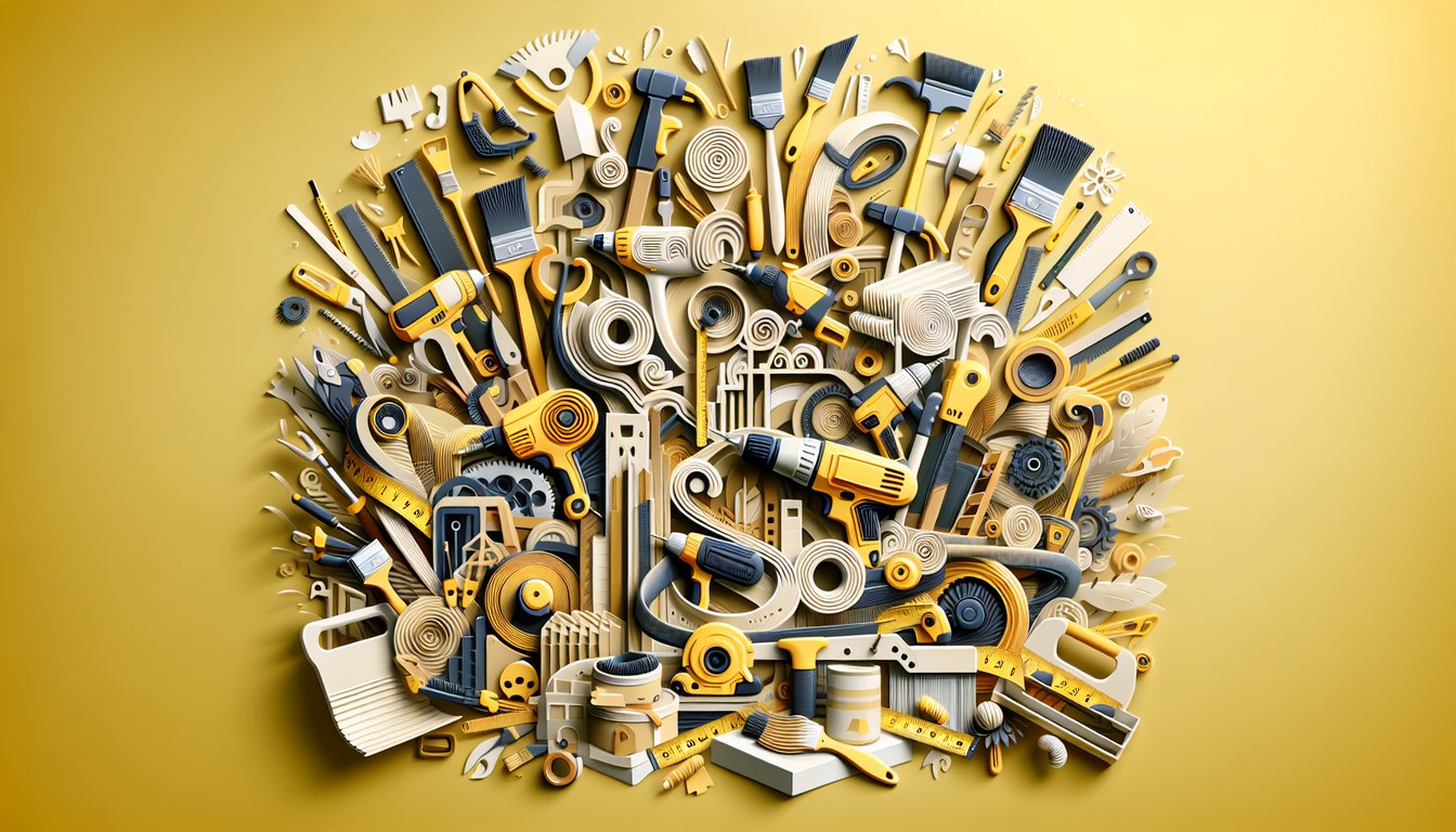 paper art illustration of tools hardware and paintbrushes for home depot trivia quiz on golden yellow background
