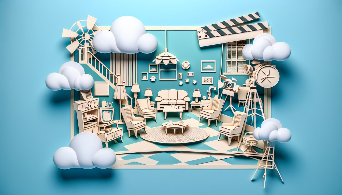 Paper art illustration for Reba trivia quiz testing TV knowledge and sitcom moments on sky blue background