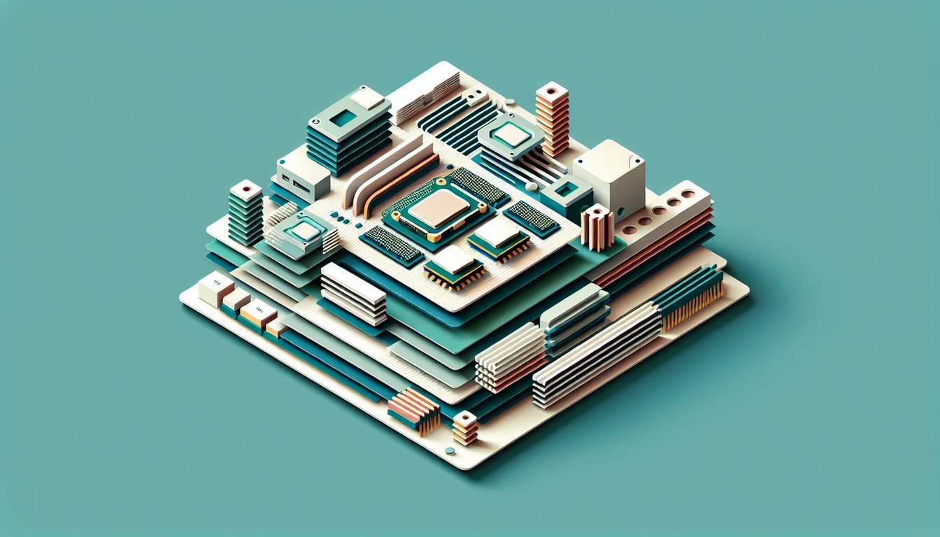 Paper art computer components CPU RAM motherboard and chip icons for a hardware quiz challenge on teal background.