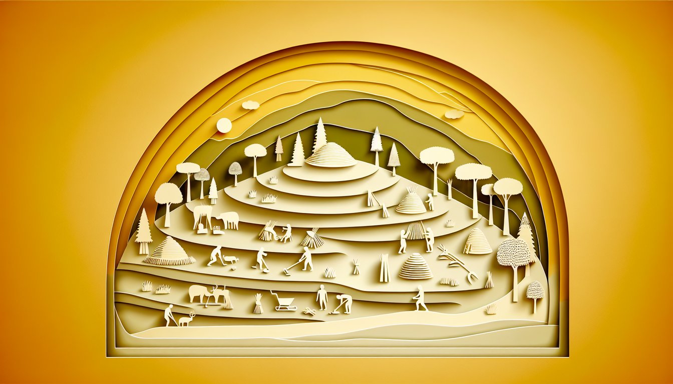 Paper art illustration of prehistoric earthen mounds and stylized ancient earthworks on golden yellow background for quiz