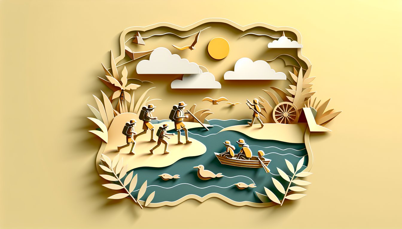 Paper art island scene with conch shell and boy silhouettes on golden yellow background quiz chapters 1-3 leadership test