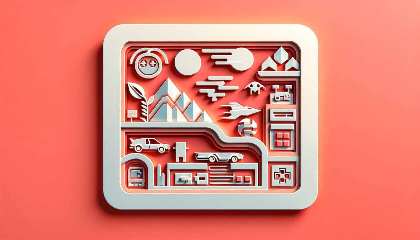 Paper art illustration for classic games trivia quiz on a coral background