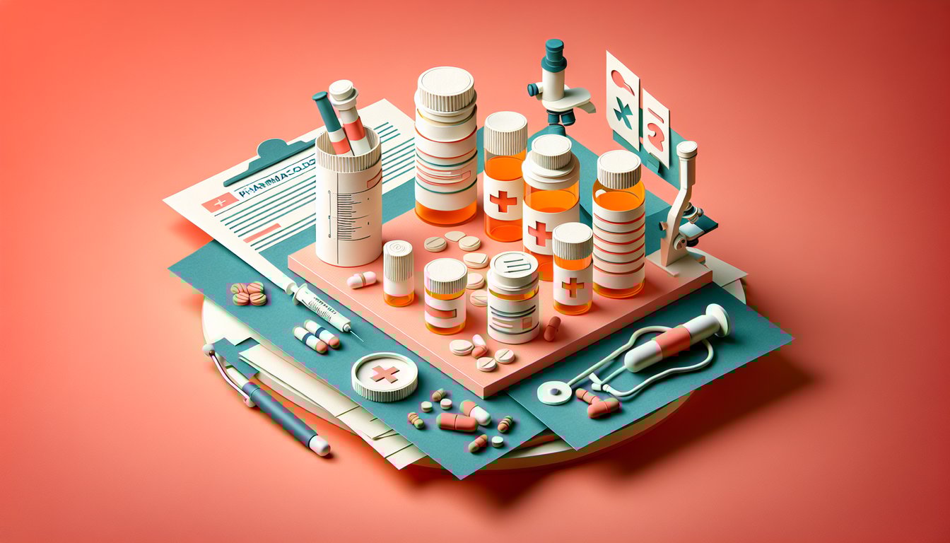 Paper cut art of NCLEX antibiotics quiz concept on coral background with pills flask molecules and test papers