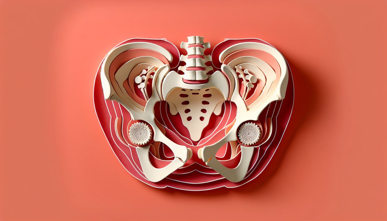 Paper art illustration of pelvic girdle hip femur tibia and foot bones on coral background for anatomy quiz.