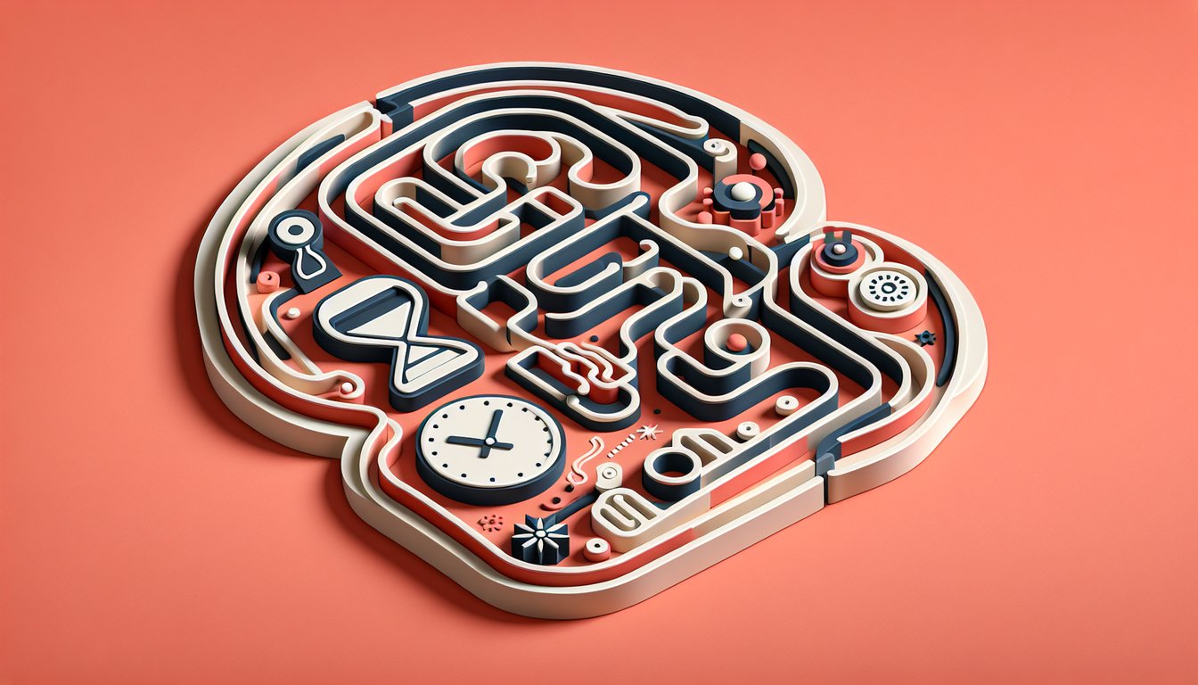 Paper art illustration for What Age Is My Mind Quiz with playful shapes on coral background inviting mental age test