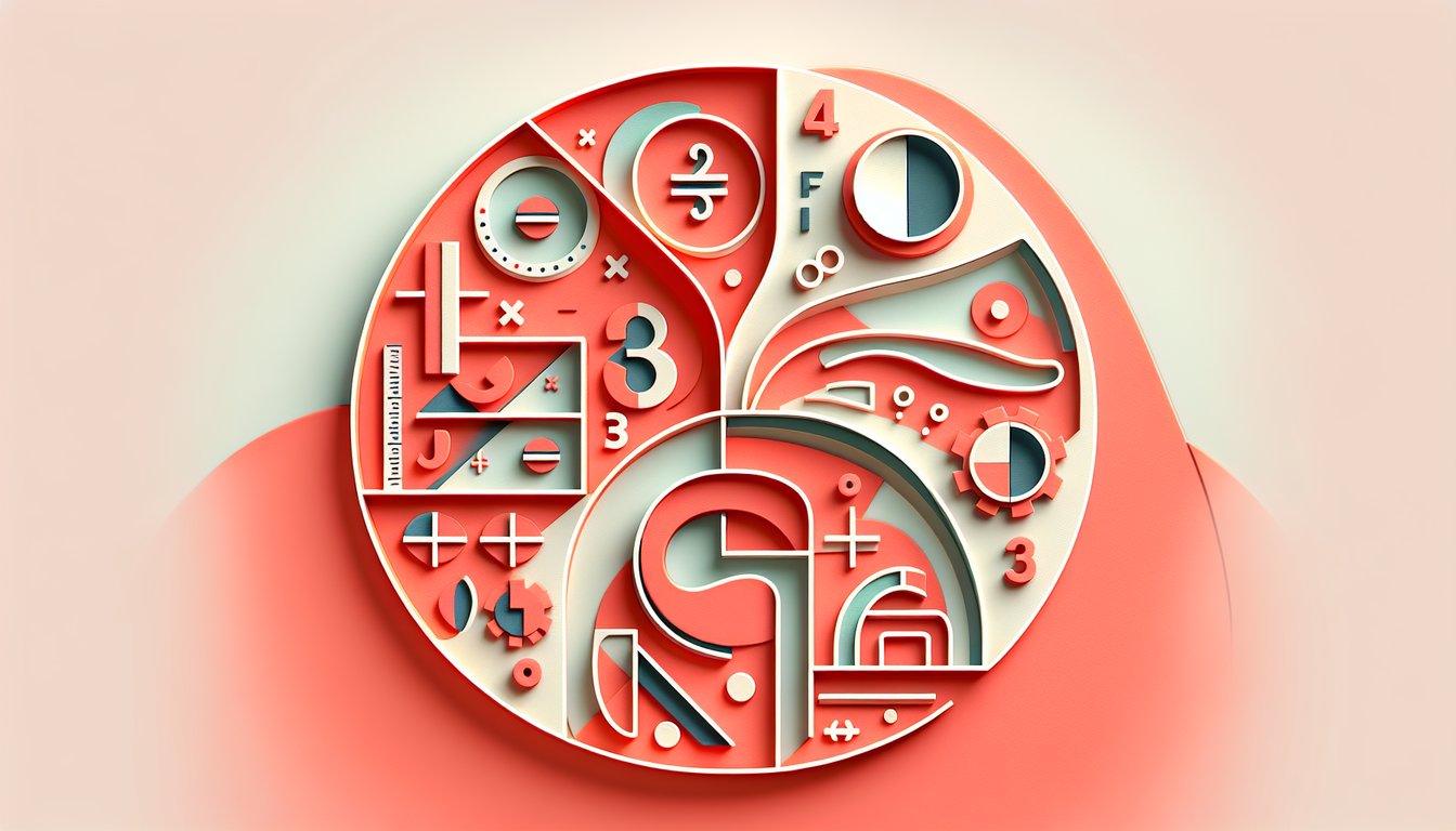 Paper art illustration for a fractions quiz on a coral background
