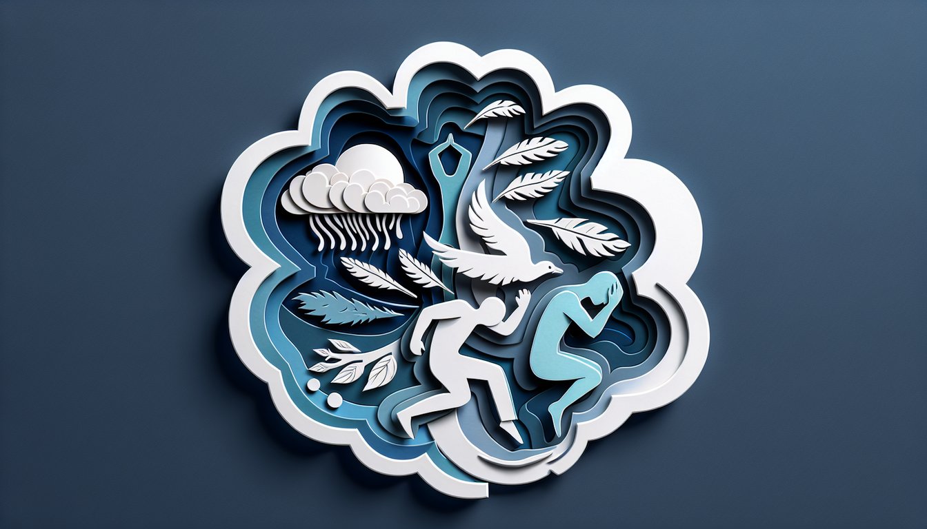 Paper art illustration for stress response quiz on a dark blue background