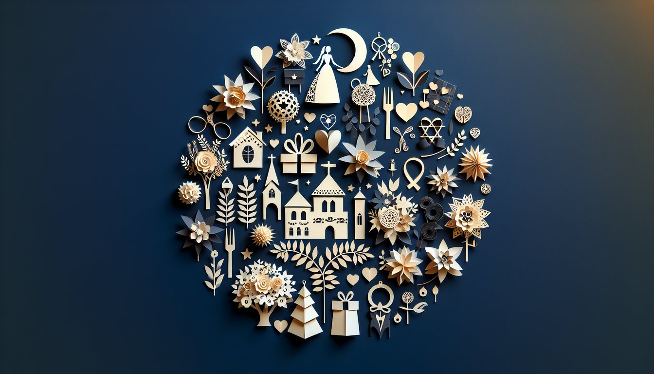Colorful paper art depicting elements related to a Wedding Guest Knowledge Quiz.