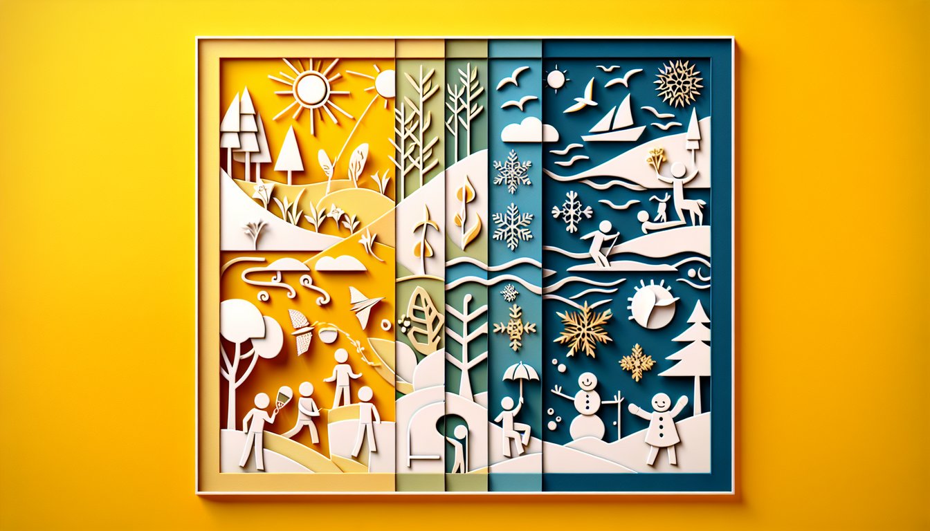 paper art illustration of four seasonal motifs on golden yellow background representing mood and style quiz.