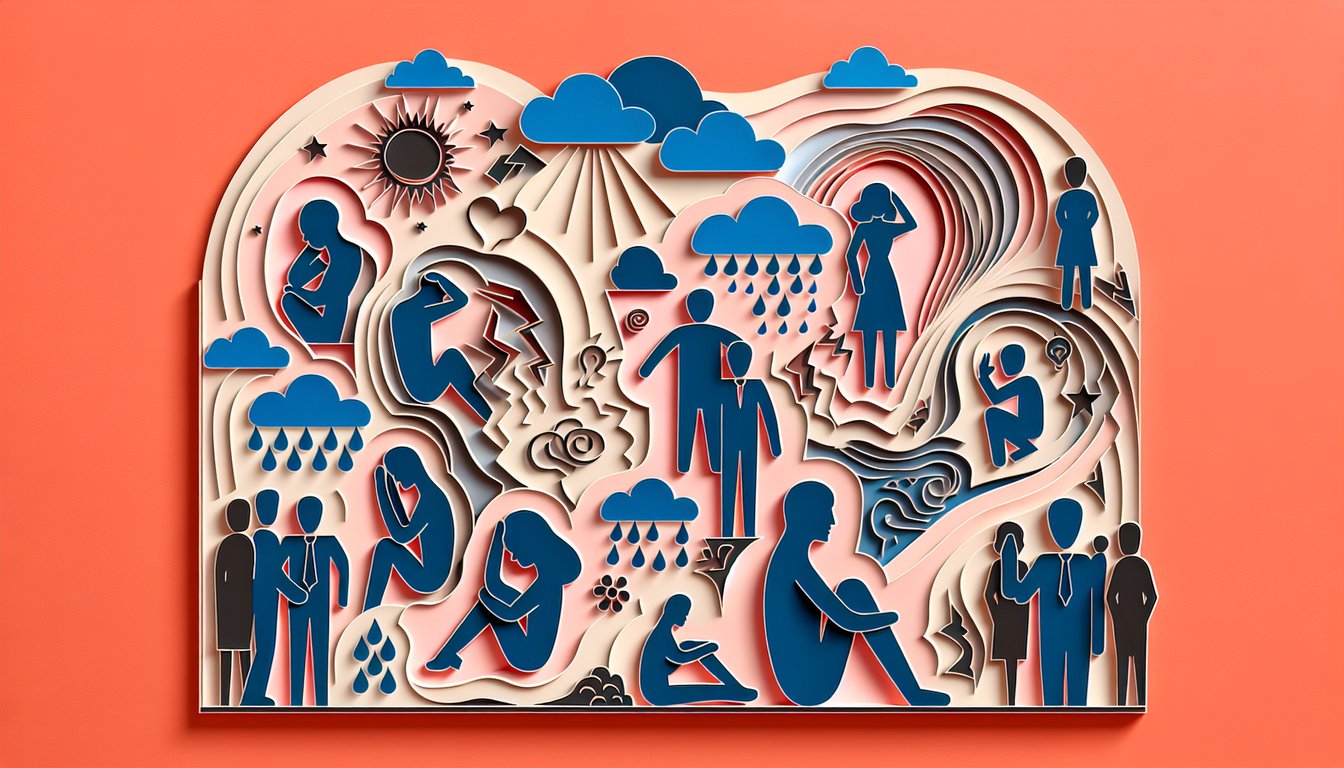 Paper art illustration for bipolar disorder quiz on a coral background