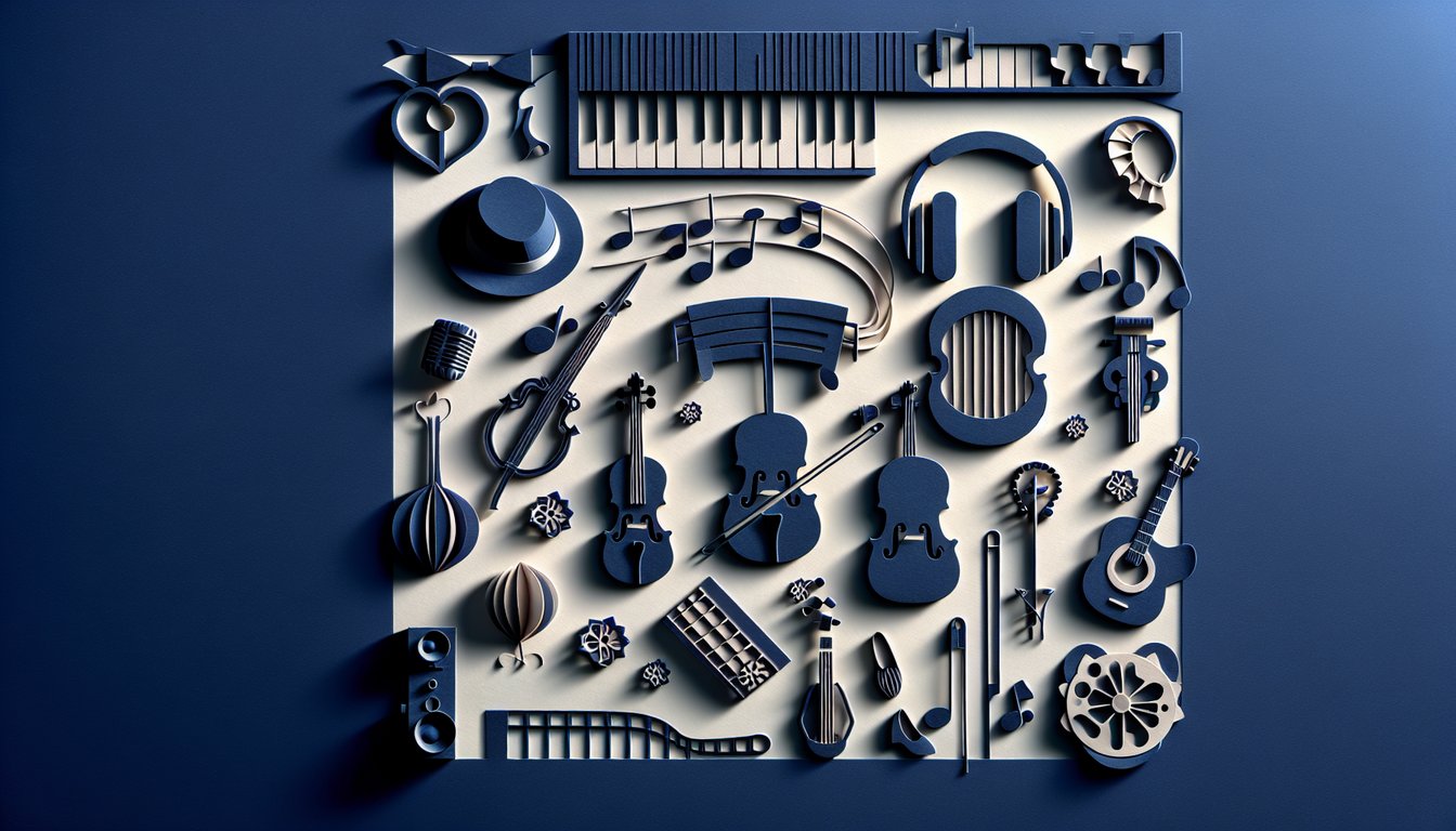 Paper cut art with musical notes and a boy reaching skyward on dark blue background for August Rush quiz