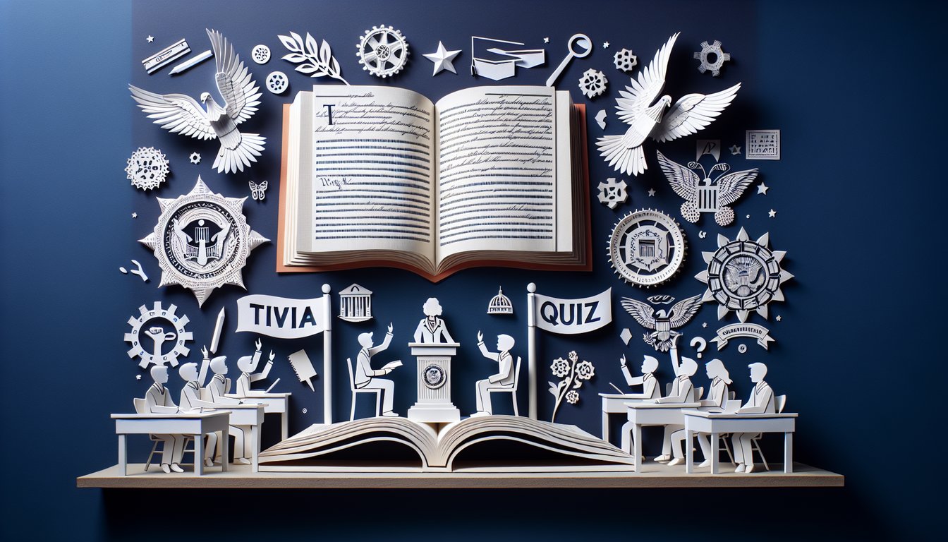 Paper art representing a trivia quiz on the U.S. Constitution for high school students.