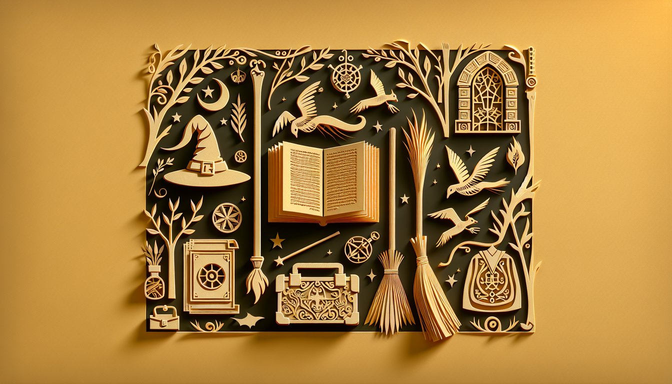 Paper art scene on golden yellow background with wizard silhouettes leaning for a kiss floating hearts quill wand sparks