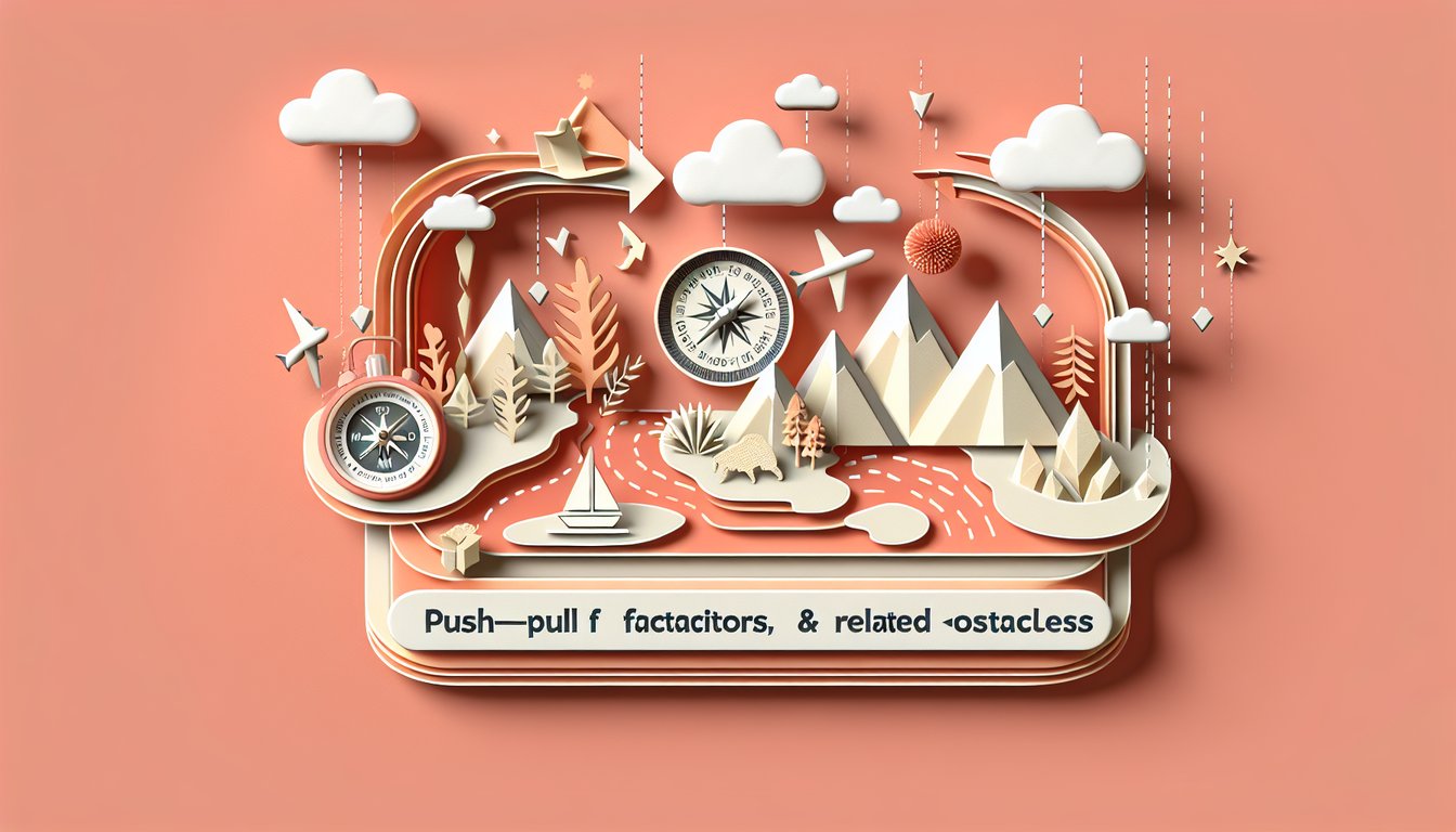 Paper art illustration with layered map shapes people arrows barriers on coral background quiz on migration push-pull factors