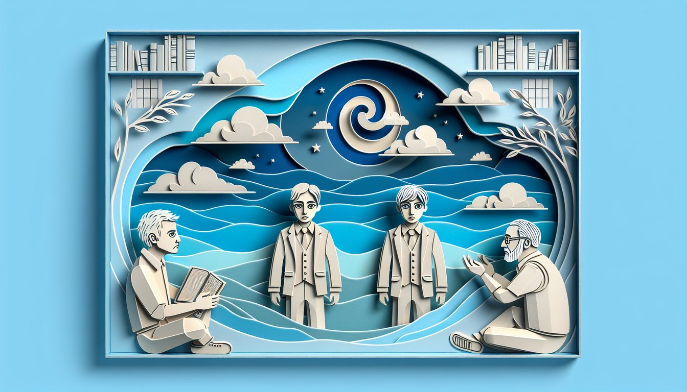Paper cutout art of three figures on sky blue background for quiz matching personality to Kafka Oshima Nakata