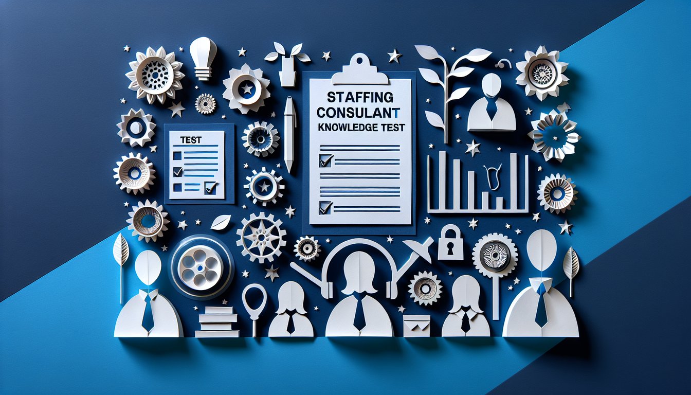 Colorful paper art depicting a quiz on Staffing Consultant Knowledge Test.