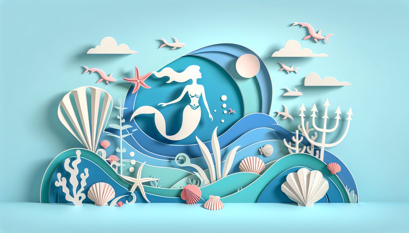 Paper cut mermaid tail seashells and coral float on sky blue background inviting users to discover their mermaid name.