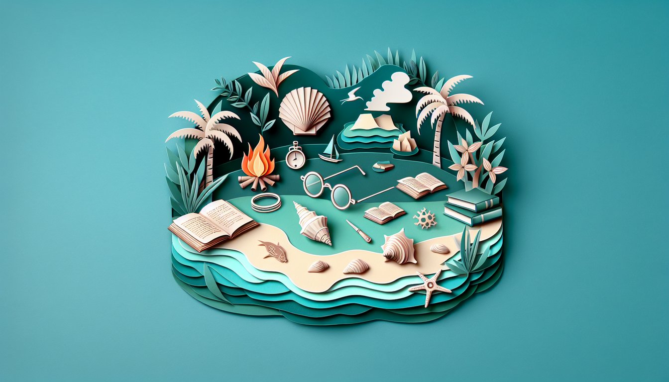 paper art of boys on island with conch shell for Lord of the Flies quiz chapters 1-6 on teal background
