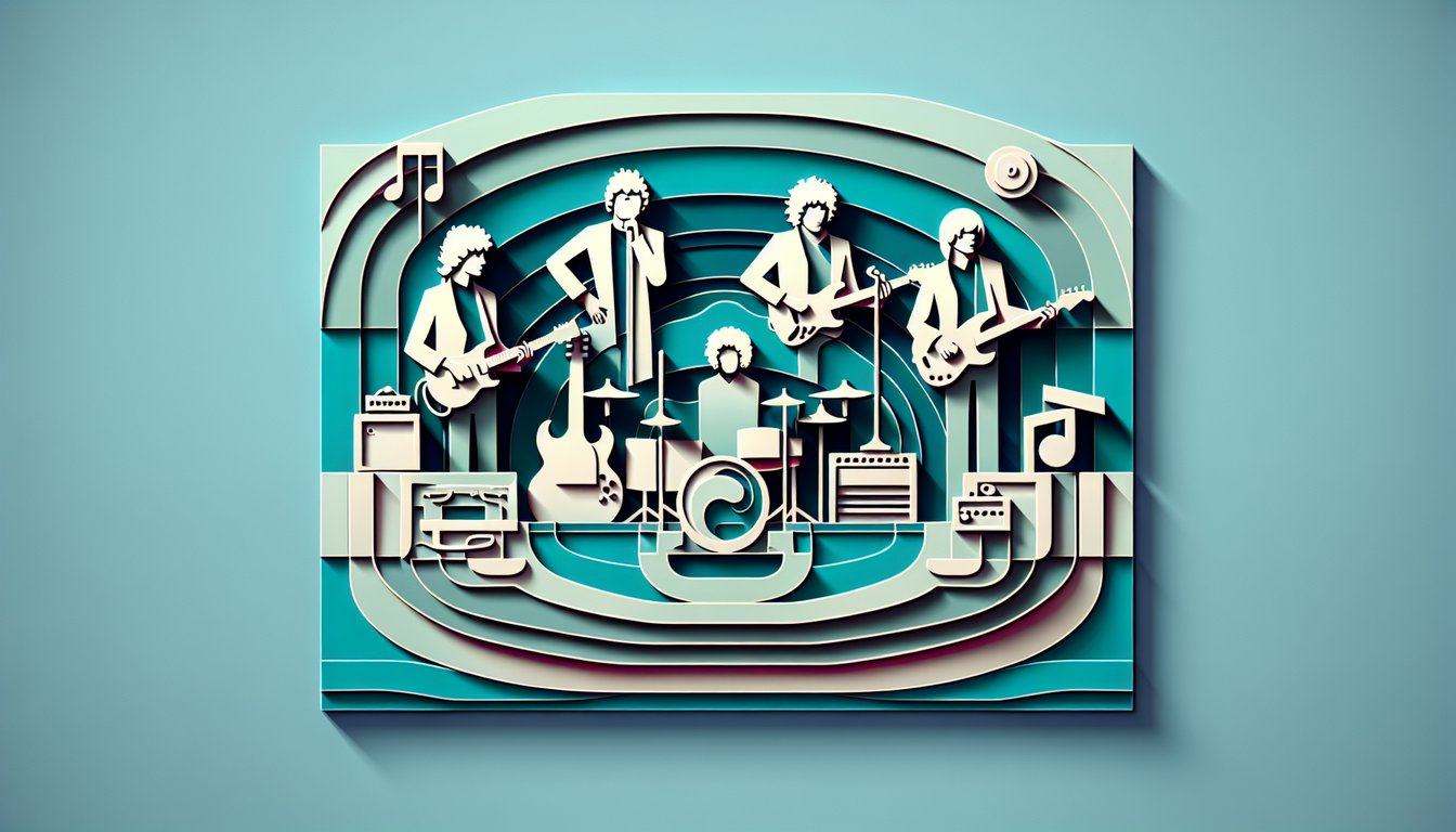 Paper art illustration of guitar vinyl records musical notes and quiz text for Bon Jovi trivia on teal background